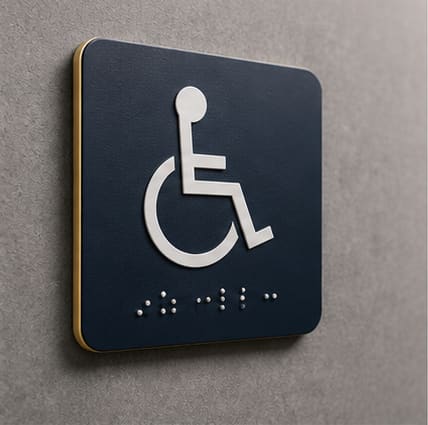 ADA tactile room sign with wheelchair symbol and Braille