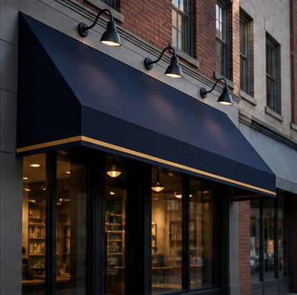 Navy storefront awning with gooseneck lights