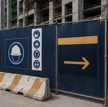 Construction fence with safety and directional signs