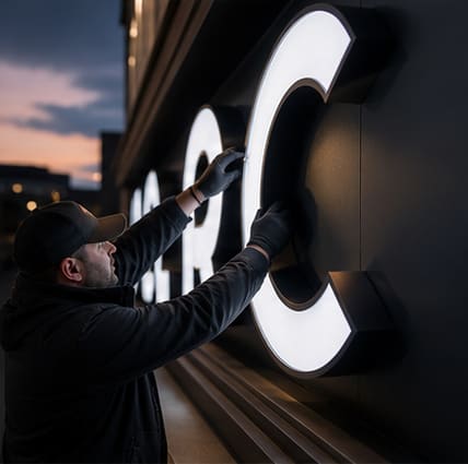 Installer mounting an illuminated channel letter