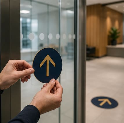 Directional arrow decal being applied to glass
