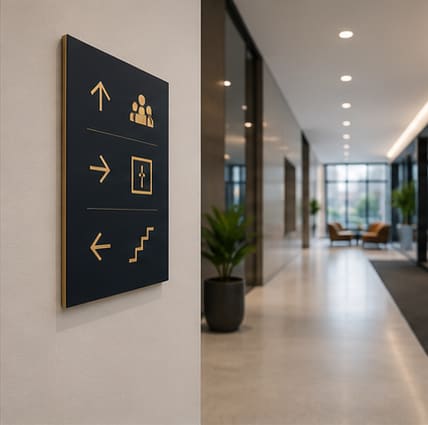 Interior wayfinding sign in a corridor