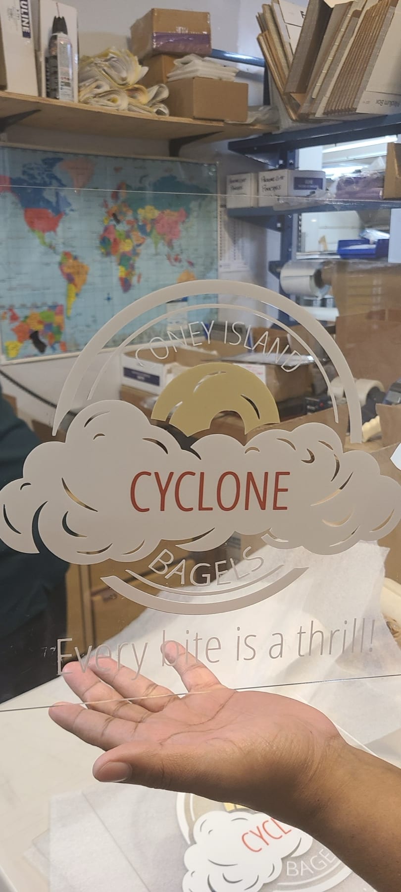Cyclone Bagels window graphic in Coney Island.