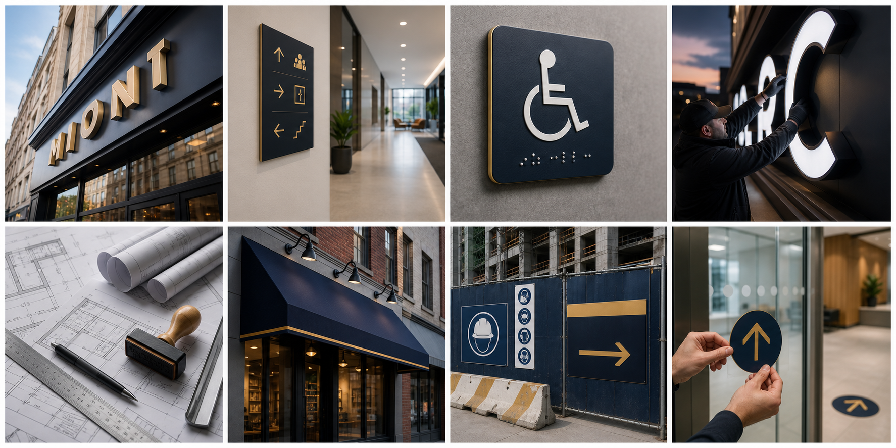 Collage of storefront signage, wayfinding, ADA signage, illuminated letters, permit drawings, awnings, construction signs, and orientation decals